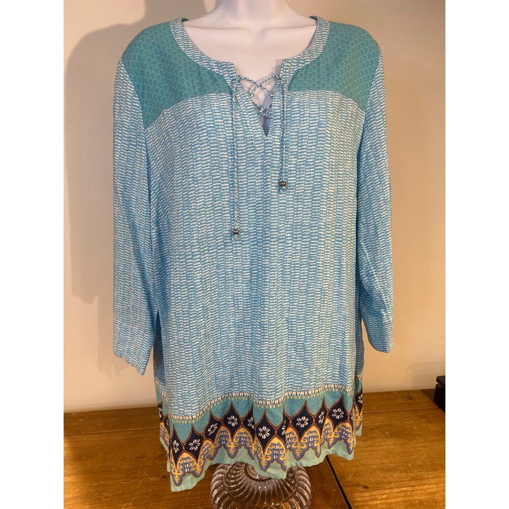 J JILL Sz M Blue Tunic Top Geometric Contrasting Border Hem Beach Boho 3/4 Sleev